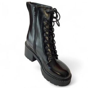 Madden Girl Black PU Leather Combat Boots with Heel